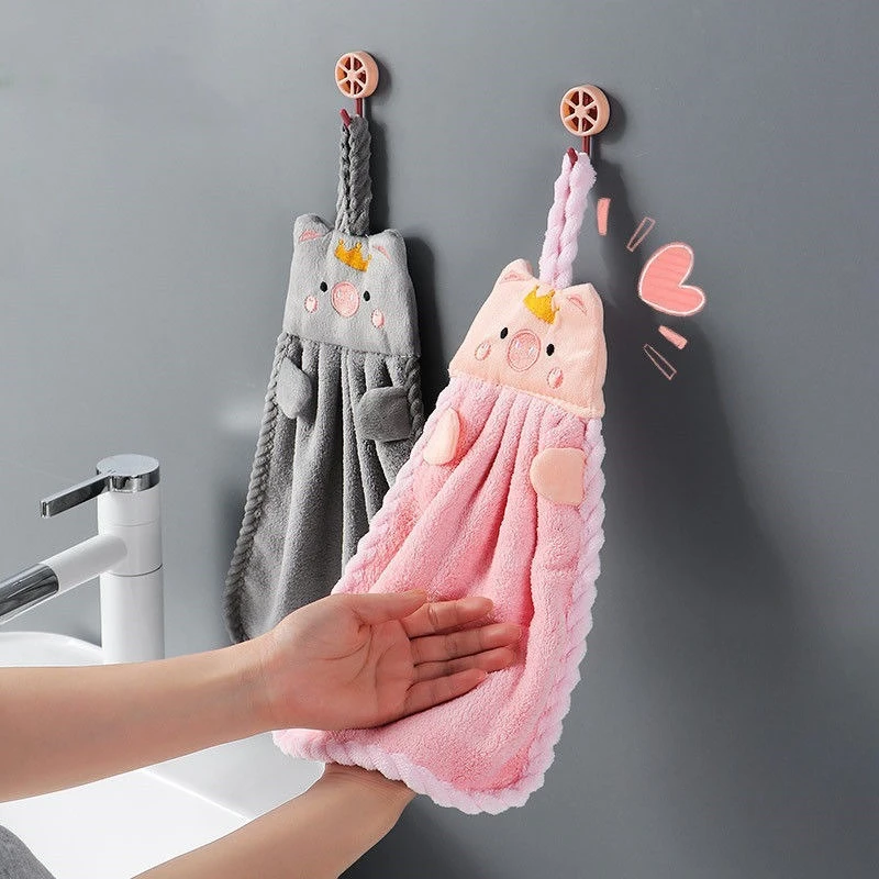 Hanging Coral Velvet Towel, Soft and Adorable Piggy Embroide Hand Towel, Bathroom,Kitchen Dishwashing Cloth, Handkerchief Cloth