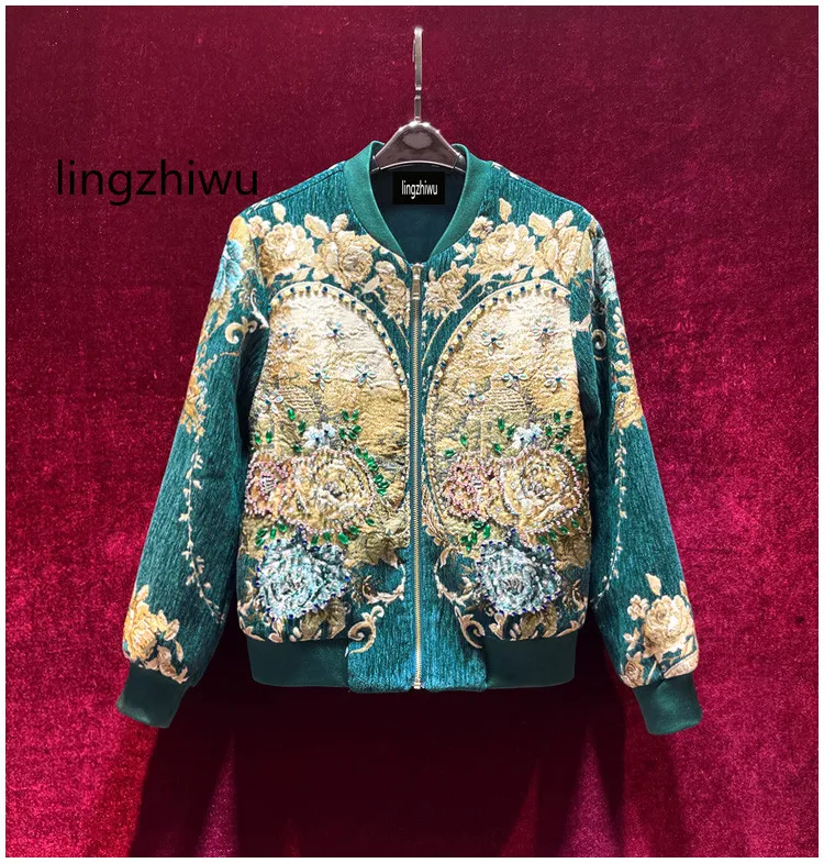 

lingzhiwu Jacquard Jacket Handmade Beading Top Quality Chinese Style Outerwear Baseball Clothes Female 2024 New Arrive