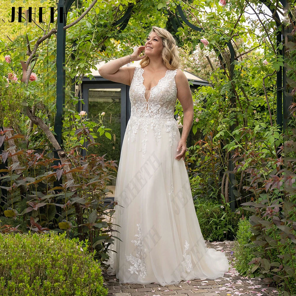 JEHETH Sexy Deep V-Neck Wedding Dresses Plus Size For Woman Sleeveless A-Line Bride Gowns Lace Applique vestidos de novia