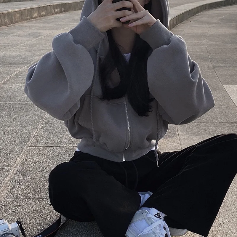 

Chic Autumnal Thiened Loose Fit Hooded Long Sve Sweatirt Jaet Dstring Design Korean Sle Commute Faion Single ...