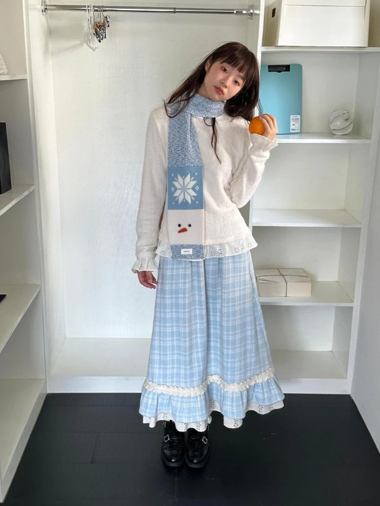 

Синяя шерстяная клетчатая юбка во французском стиле ретро, пикантная девушка, осенне-зимняя женская кружевная юбка трапециевидной формы средней длины с высокой талией