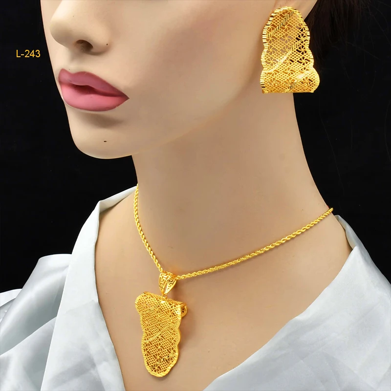 ANIID African 24K Gold Color Necklace and Earring Set For Women Bride Wedding Pendant Jewellery Italian Dubai Wholesale Gifts