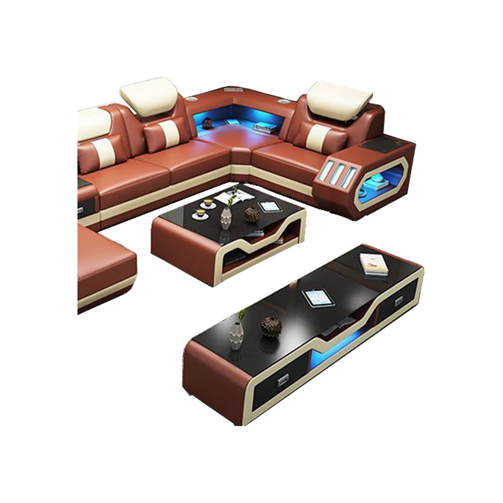 MINGDIBAO Luxury Living Room Sofa Italian Genuine Leather Couch with Bluetooth Speaker,USB and LED Light +Coffee Table, TV Stand