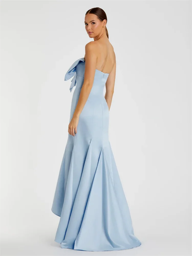 Customized Light Blue Fishtail Evening Dress With Large Bow On The Chest, Fashionable Strapless High-low Asymmetrical Dress