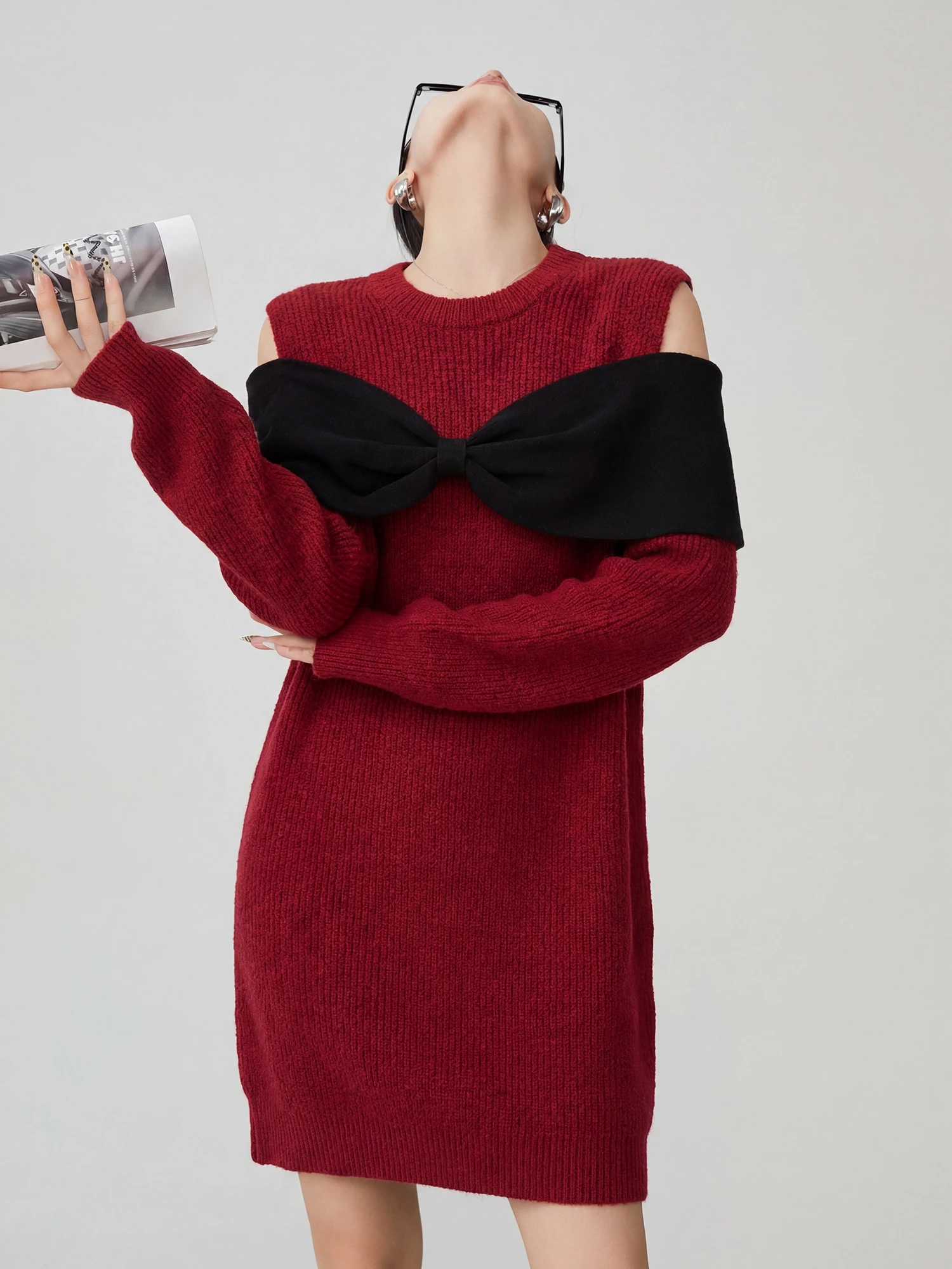 

Red Knot oulder Bared Knitted Dr Women's Spring 2026 New Design Sensation Small ence Mid-Length Sweater Dr