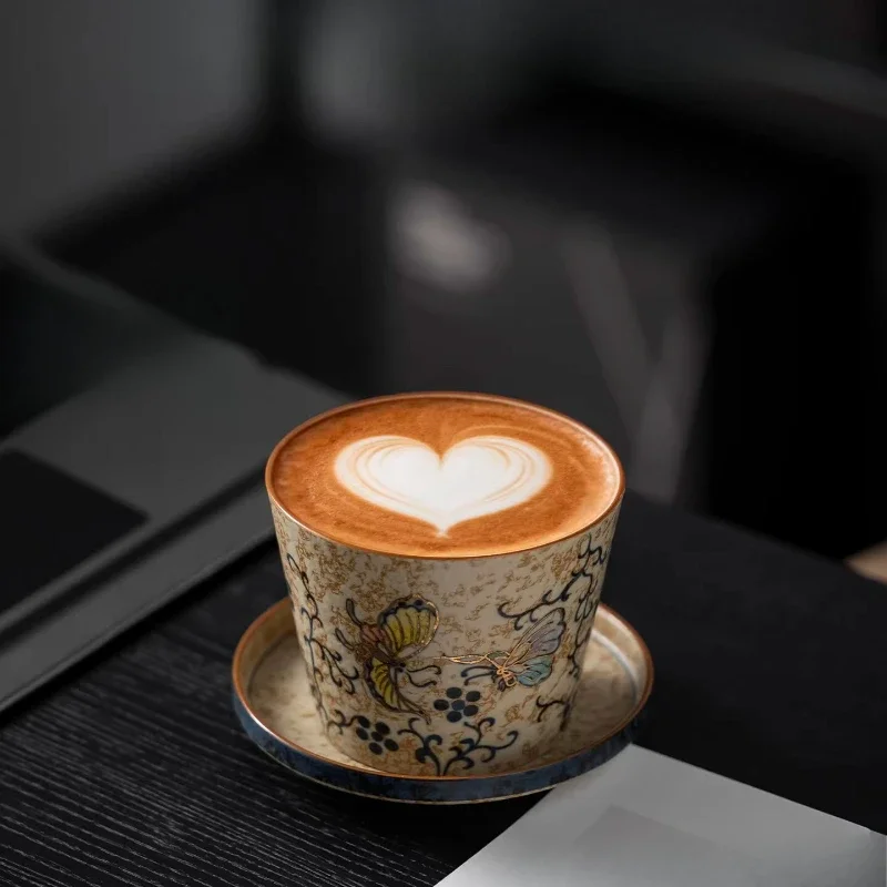 Hand-painted retro blue and white underglaze butterfly saucer coffee cup Oriental aesthetic latte cup light luxury high-end gift