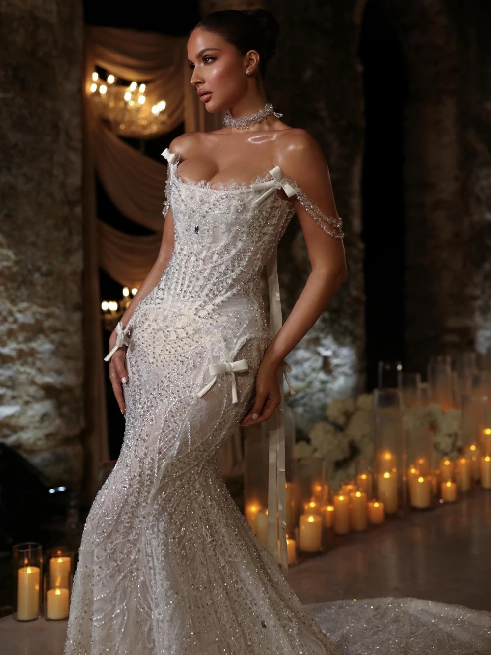 

2026 Opulent Beaded Crystals Wedding Dress Classy Mermaid Customized Off-the-shoulder Bridal Gown Romantic Delicate Lace Wear