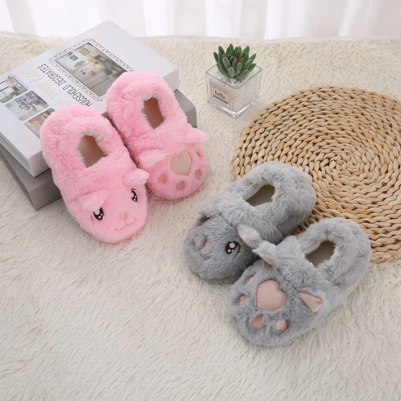 Toddler Winter Slippers for Girl Baby Items Indoor Plush Warm Cartoon Cat Paw Kid Boy House Footwear Soft Rubber Sole Home Shoes