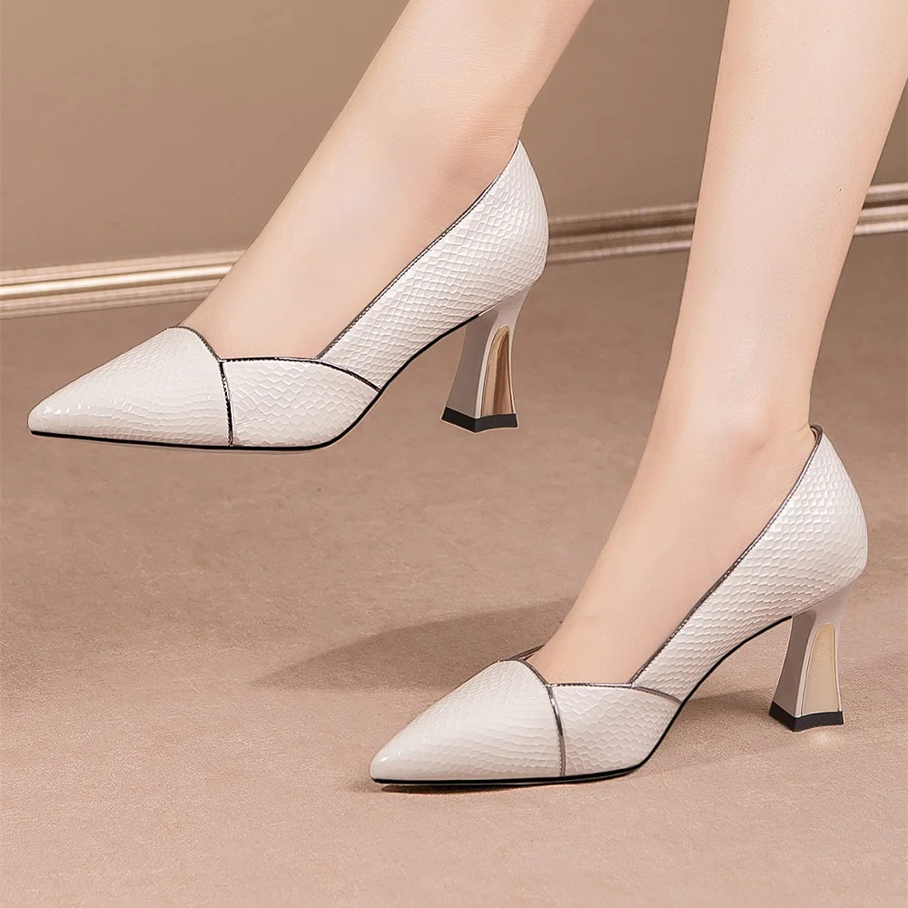 【JOCHEBED HU】New Spring Autumn Geuine Leather Basic Concise Women Pumps Pointed Toe High Heel Shallow Ladies Shoes Size 33-43