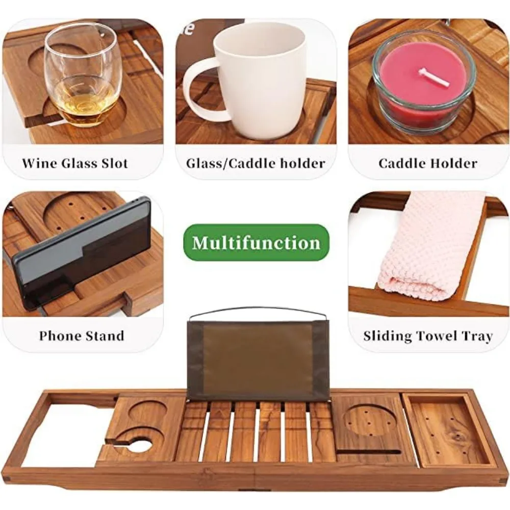 Paquete de bandeja para bañera de teca premium con soporte plegable, ranura para copa de vino y diseño antideslizante para una experiencia de baño de lujo