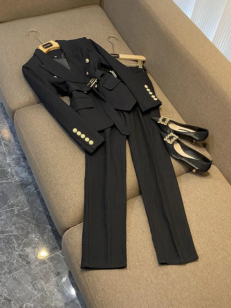 European Style Office Lady High Quality Formal Suit Long Sleeve Notched Blazer With Belt Pencil Pants Women Jacquard 2Pcs