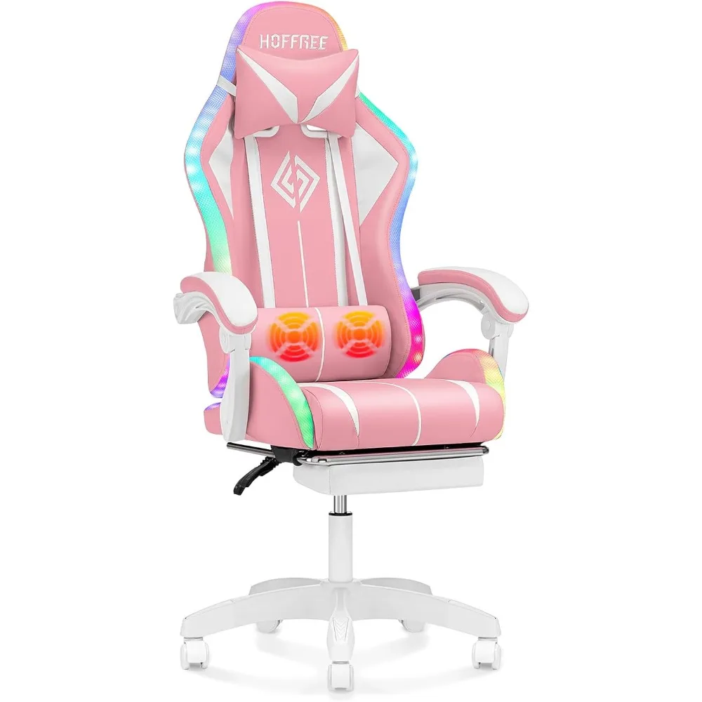 RGB gaming chair, massage, LED lights, ergonomic computer chair, footrest, high back reclining, adjustable lumbar support