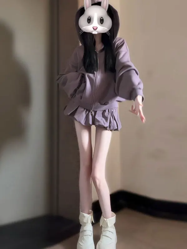 

Purple Hooded Jacket And Flower Bud Skirt Two-Piece Set Comfortable Loose Fit V-Neck Autumn Fashion Women's Ensemble