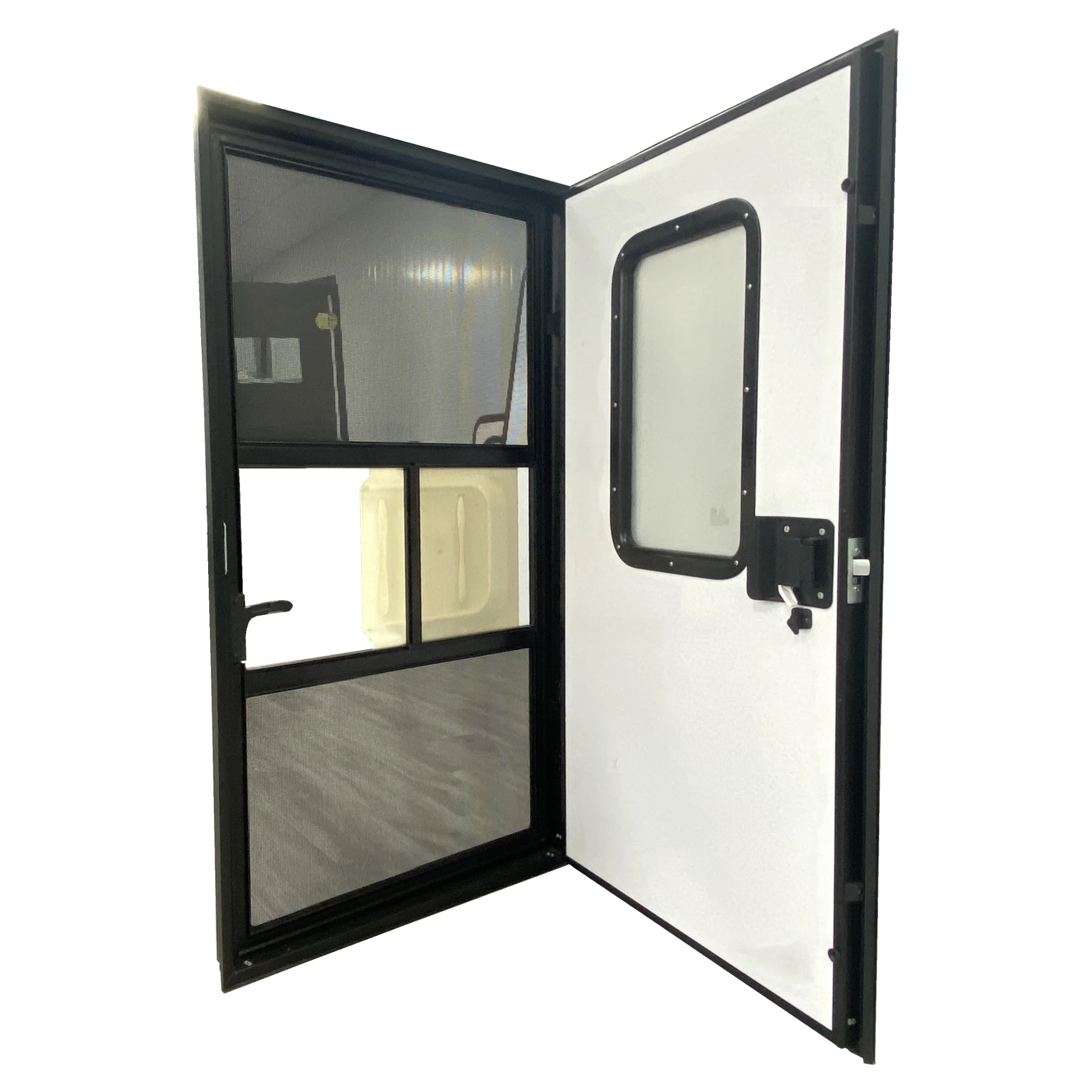 2025 جانب الركاب والسائق إطار من سبائك الألومنيوم باب مقطورة قافلة RV مع زجاج معتمد للسلامة وقفل ذو نقطة واحدة