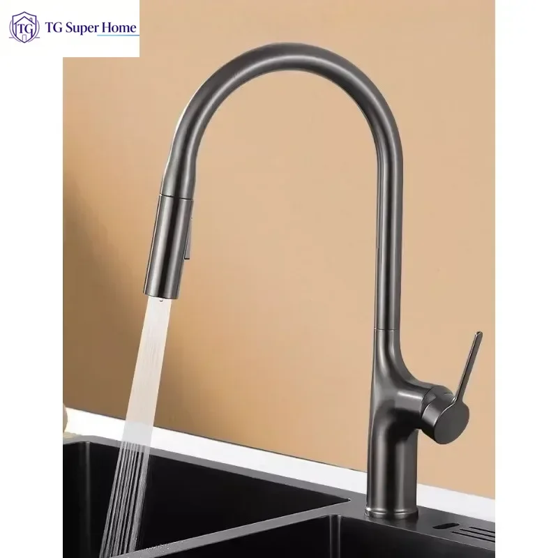 Extendable Pull Down Kitchen Tap Multi-Function Sprayer Brushed Black Brass Kitchen Faucet