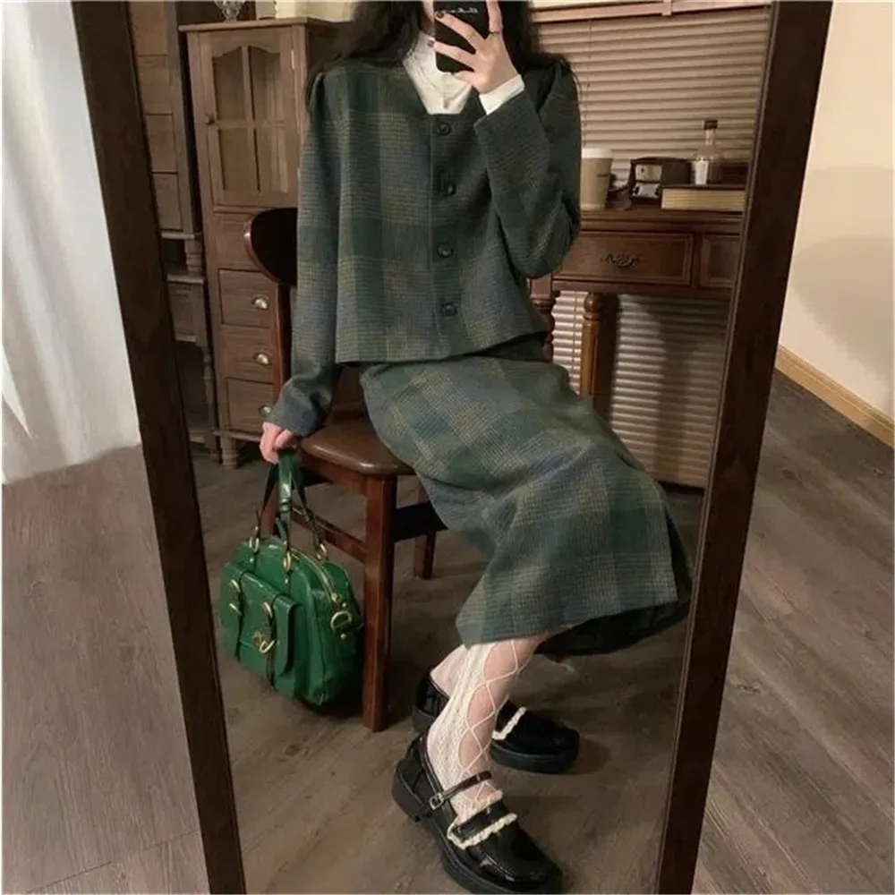 Vintage Green Tweed Outfit Suit Women Elegant Wool Short Coats +High Waist Long Skirt  Autumn Winter 2 Piece Sets Office Ladies