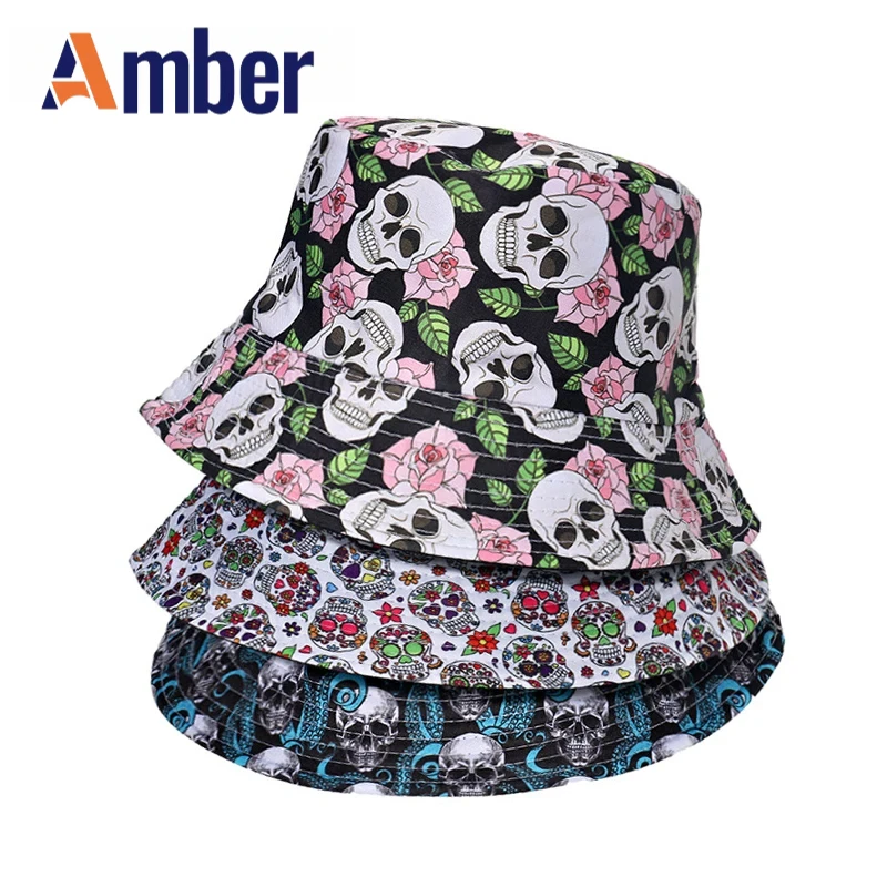 

Amber skull print bucket hat cartoon Panama fisherman hats rose flower for men women double sides Foldable Fashion hip hop cap