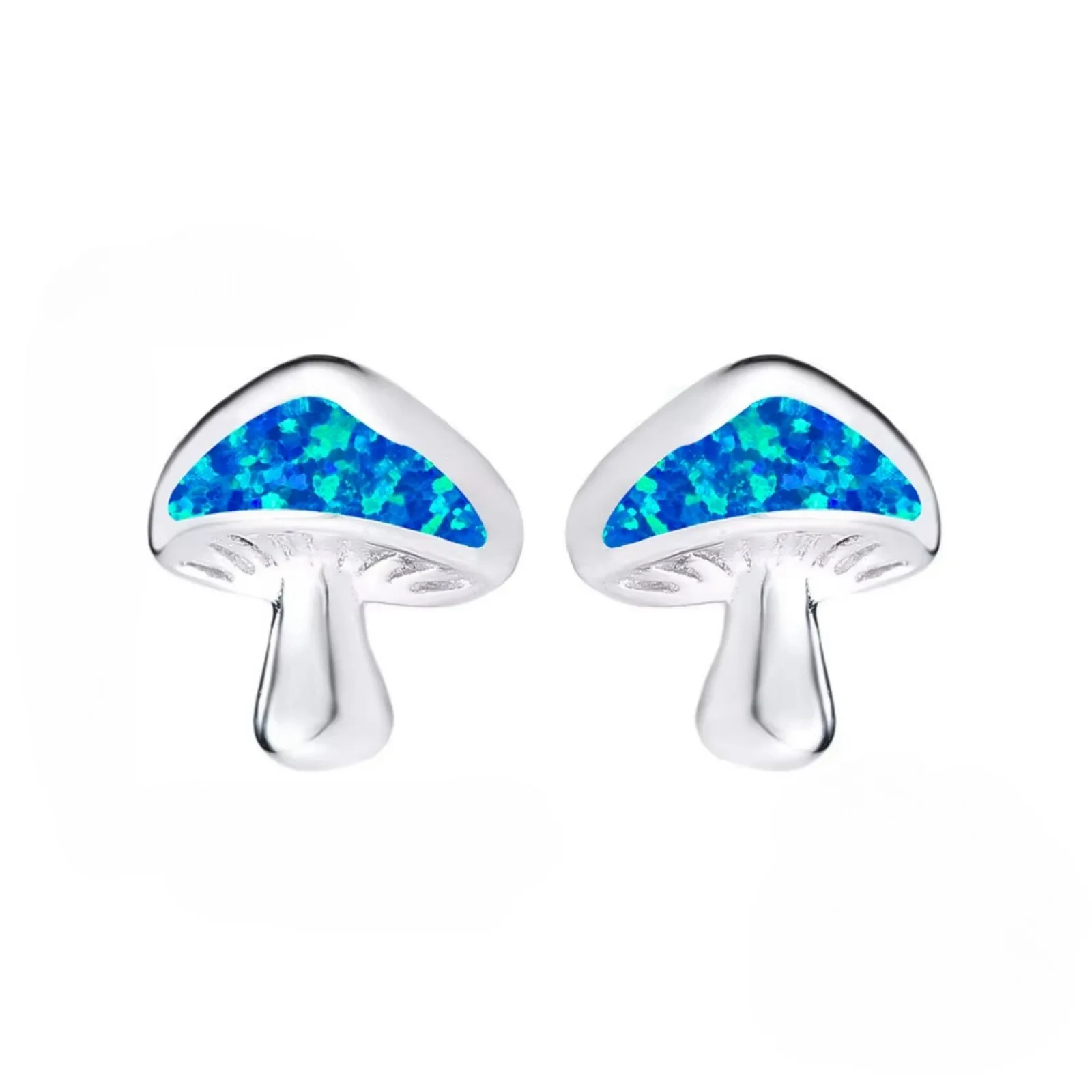Enchanted Mushroom Opal Earrings,White K Plated Fairycore Jewelry with Blue Green Opals,Nature Inspired Stud Earrings for Women