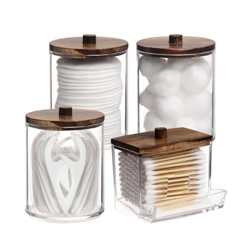 Black Wooden Lid Transparent Storage Jar Toothpick Cotton Swab Cosmetic Cotton Storage Box Portable Multi-Purpose Dust Container