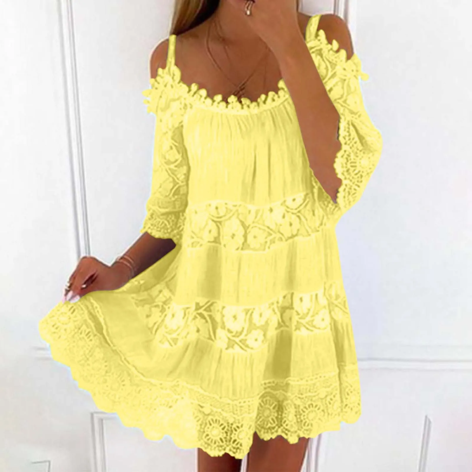 

Summer Dress Loose Fashion Embroidery Lace Comfortable Scoop Neck Half Sleeves Crochet Shoulder Beach Mini Dresses Clothing