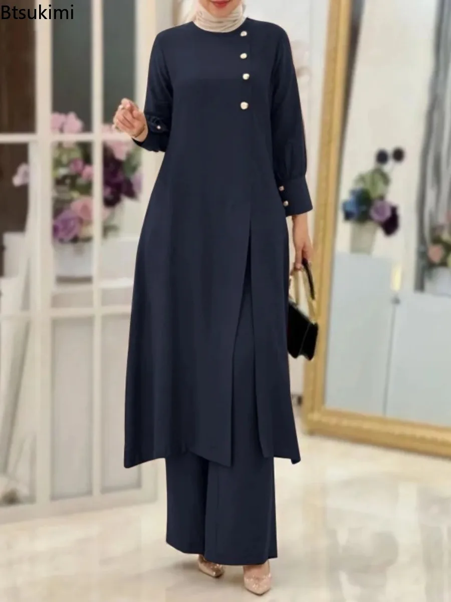 Set coordinati musulmani da donna eleganti Camicie stile lungo e pantaloni a gamba larga Abiti Moda Casual Arabo Ramadan Solid Kaftan Femmine