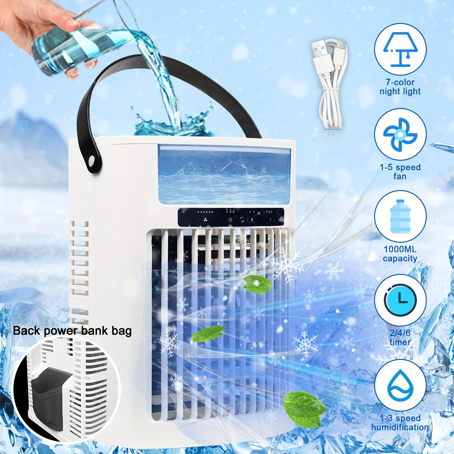

Desktop Portable Air Conditioner, Mini Evaporative Cooler, USB Humidifying Fog Ice Tower Fan, 33.81oz Water Tank, 7 Color Lights