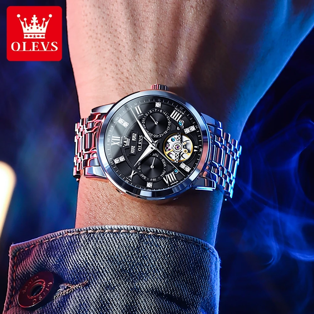 OLEVS 6701 رجل ساعة أوتوماتيكية هيكل عظمي مجوف ساعة ميكانيكية للرجال صلابة عالية مرآة العلامة التجارية الأعلى تاريخ الساعات مقاوم للماء