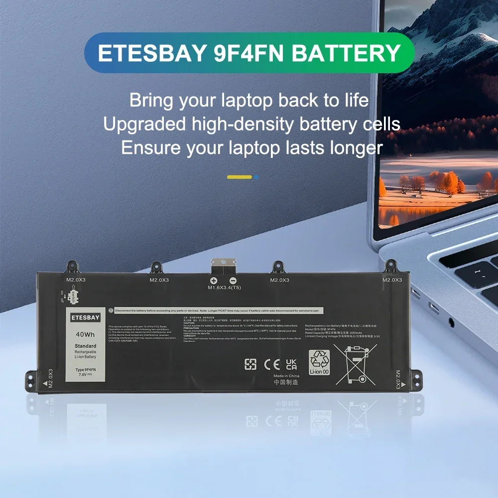 ETESBAY 9F4FN Laptop Battery For Dell Latitude 7320 Detachable/Inspiron 14 3420 Series 2VKW9 2ICP4/79/112 7.6V 5000mAh