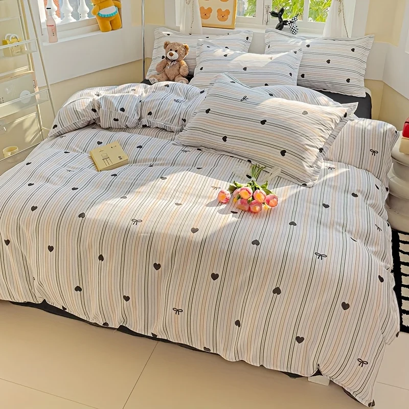 

3PCS Simple Solid Color Heart Colorful Line Printed Duvet Cover Set Three-Piece Set (1 Duvet Cover, 2 Pillowcases, No Insert)