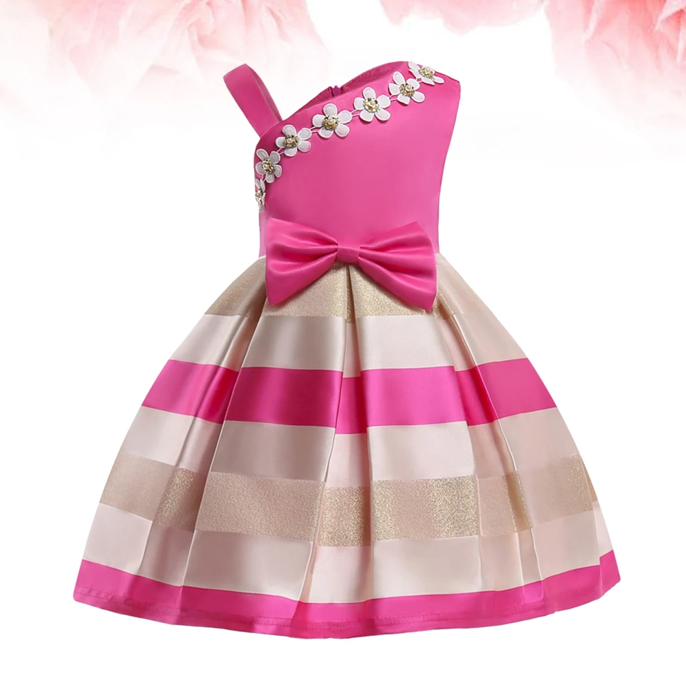 

1pc One-Piece Dress For Kids Child One-Shoulder Skirt Horizontal Stripe Cotton Blend Fabric Rosy 120Cm Comfortable Skin-Friendly