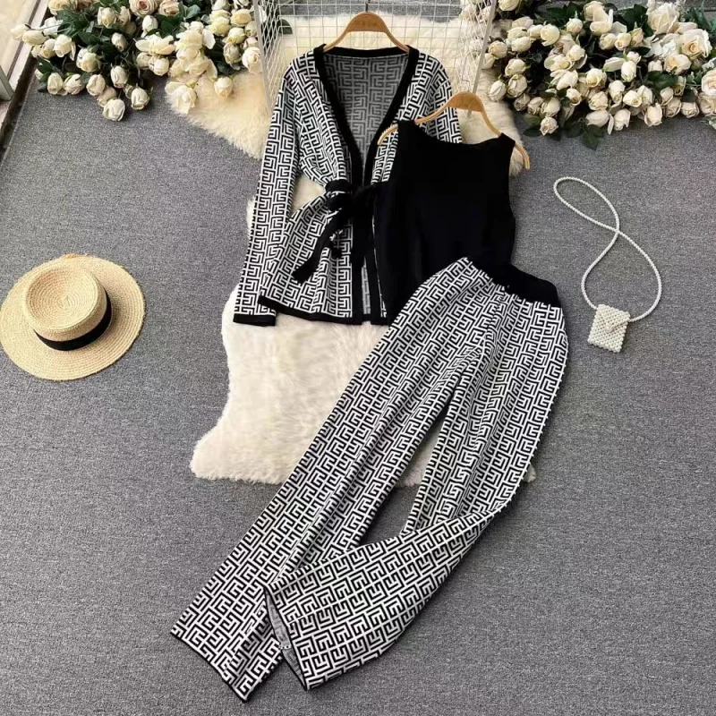 Conjunto casual de três peças para mulheres, malha cardigan top, cintura alta e calças de perna larga, temperamento elegante e casual