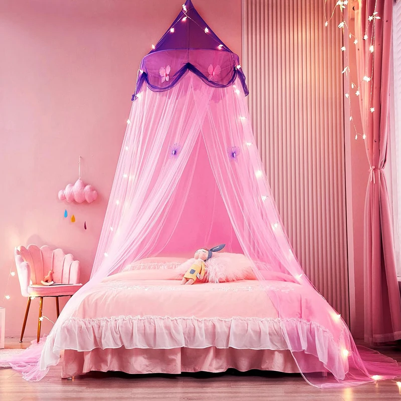 Hanging Mosquito Net Fine Mesh Princess Bed Canopy Dustproof Bug Net with Light