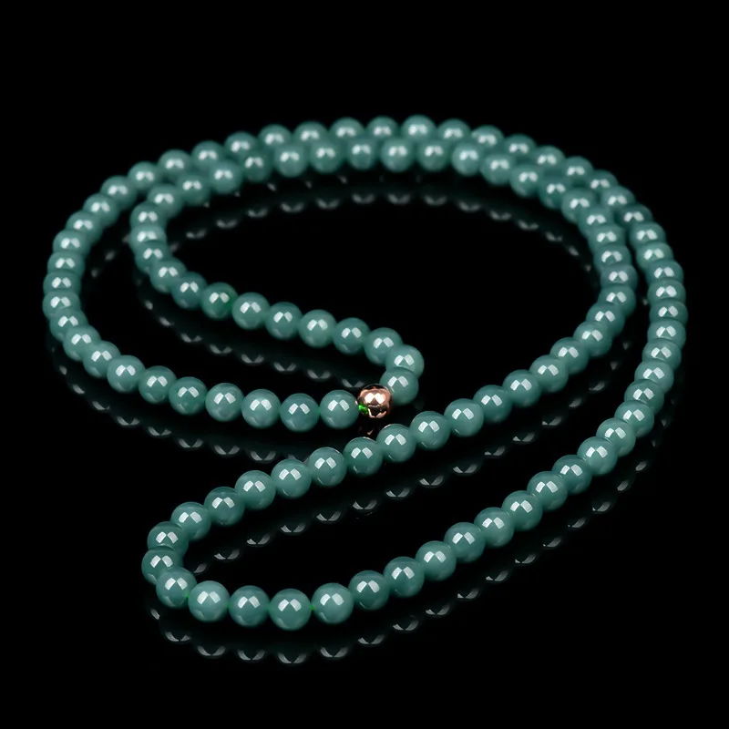 Natural A-grade jadeite blue 7mm necklace, jade three-loop bracelet, sweater chain women, 108 beads