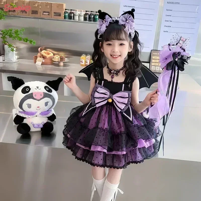 Sanrio Kuromi Princess Dress Puff Sleeve Girl Cosplay Purple Sweet Halloween Costume Gift Set for Kid Birthday Ball Gown Clothes