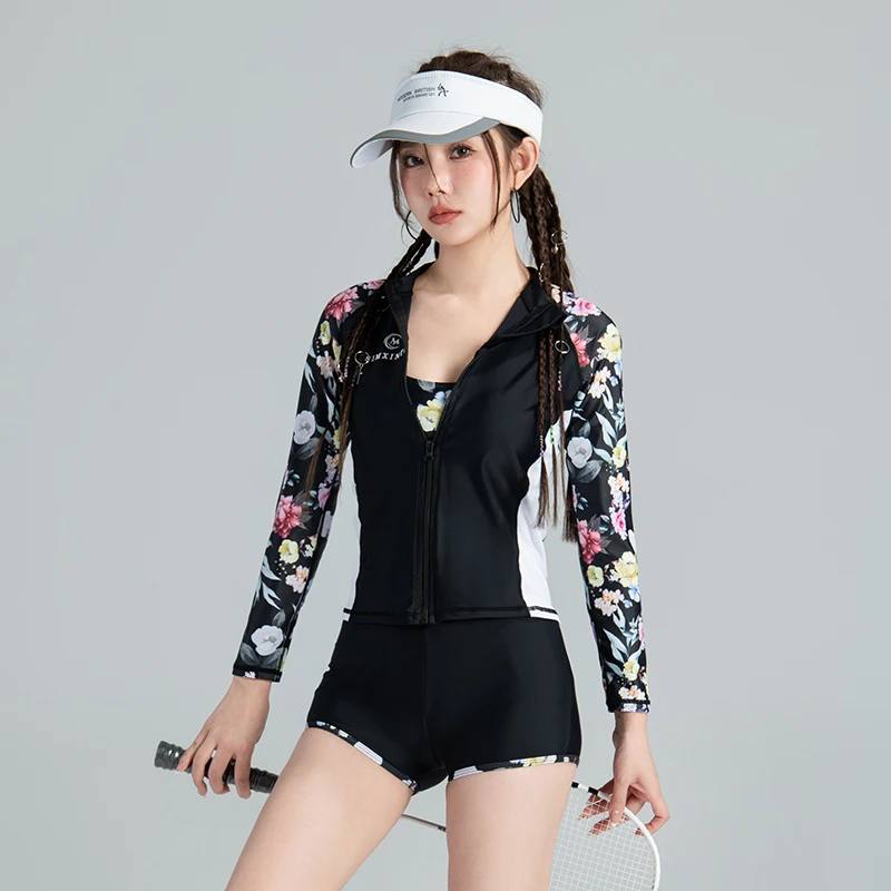 

2023 Sexy Rash Guards Women Long Sleeve Short Pant Swimsuit Bathing Suit Printed Sports Wear 3 Pieces Zipper Style Summer Wear