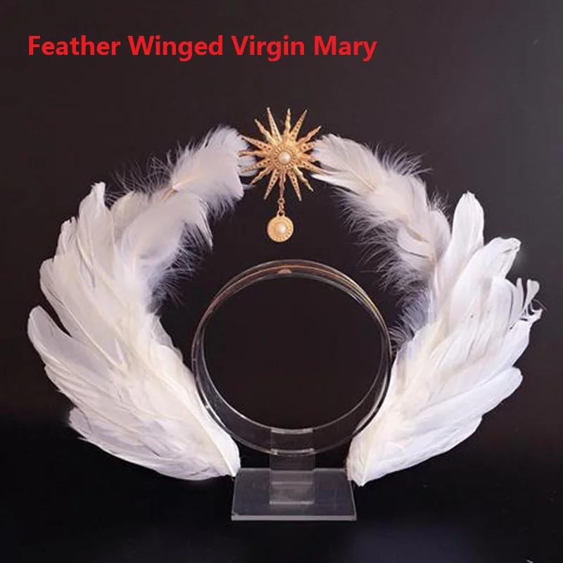 Women White Feather Celestial Gothic Cross or Halo Galaxy Fancy Party Tiara Crown Hair head band Headband Hoop Fascinator