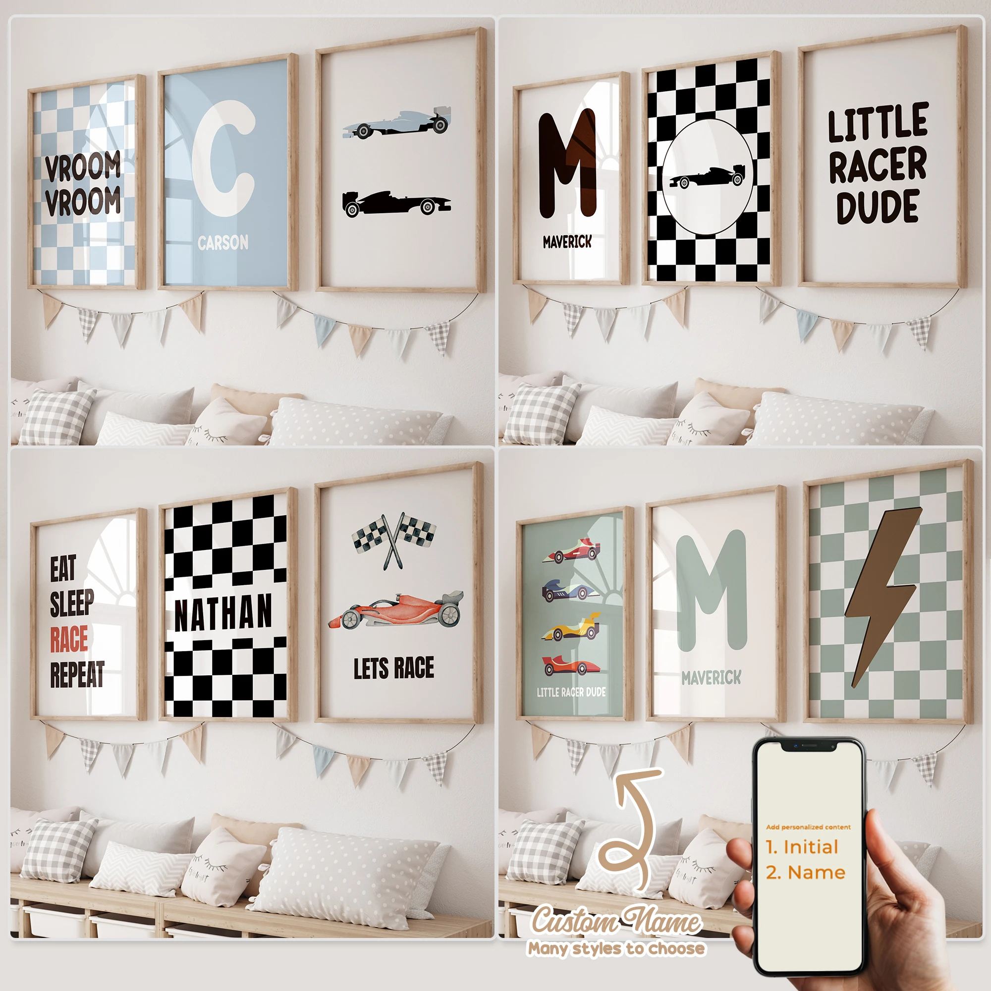 3 stücke Personalisierte Benutzerdefinierte Name Cartoon rennwagen Wand Kunstdruck Bild Leinwand Poster Malerei Für Wohnzimmer Kind Zimmer Home Decor