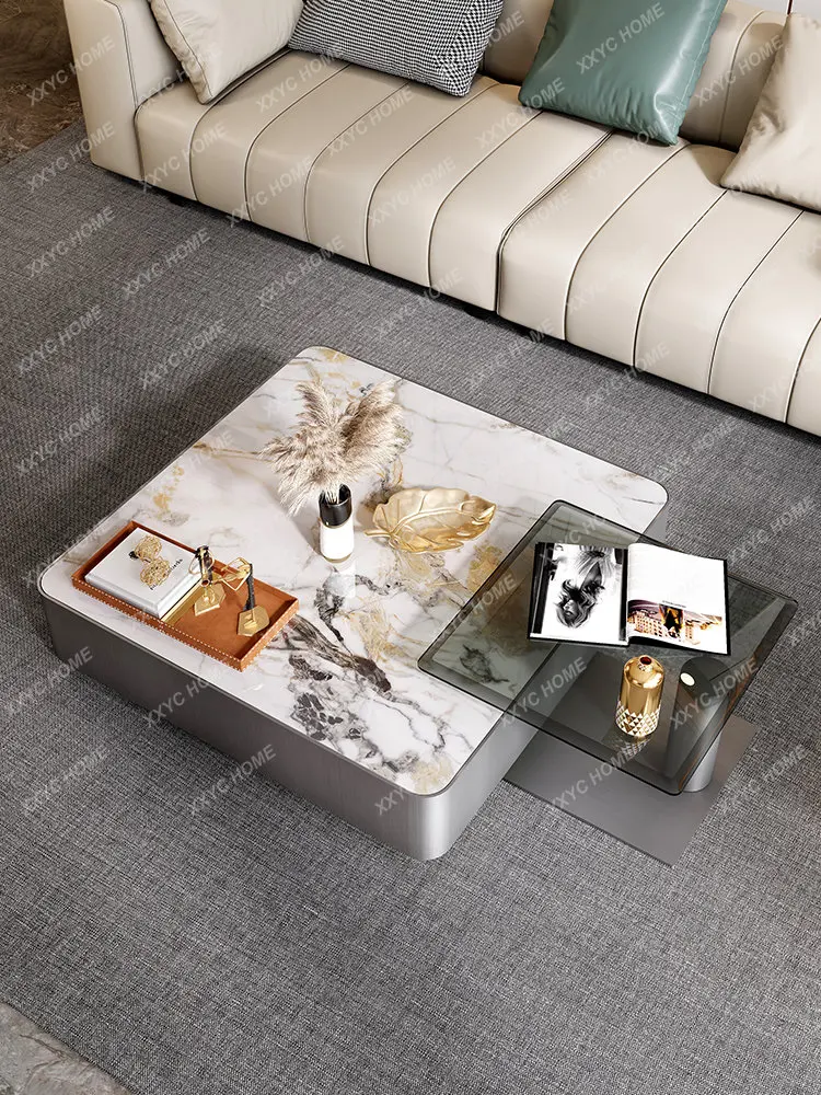 Light Luxury High Sense Living Room Coffee Table Modern Stainless Steel Wire Drawing Craft Bright Stone Plate Tea Table