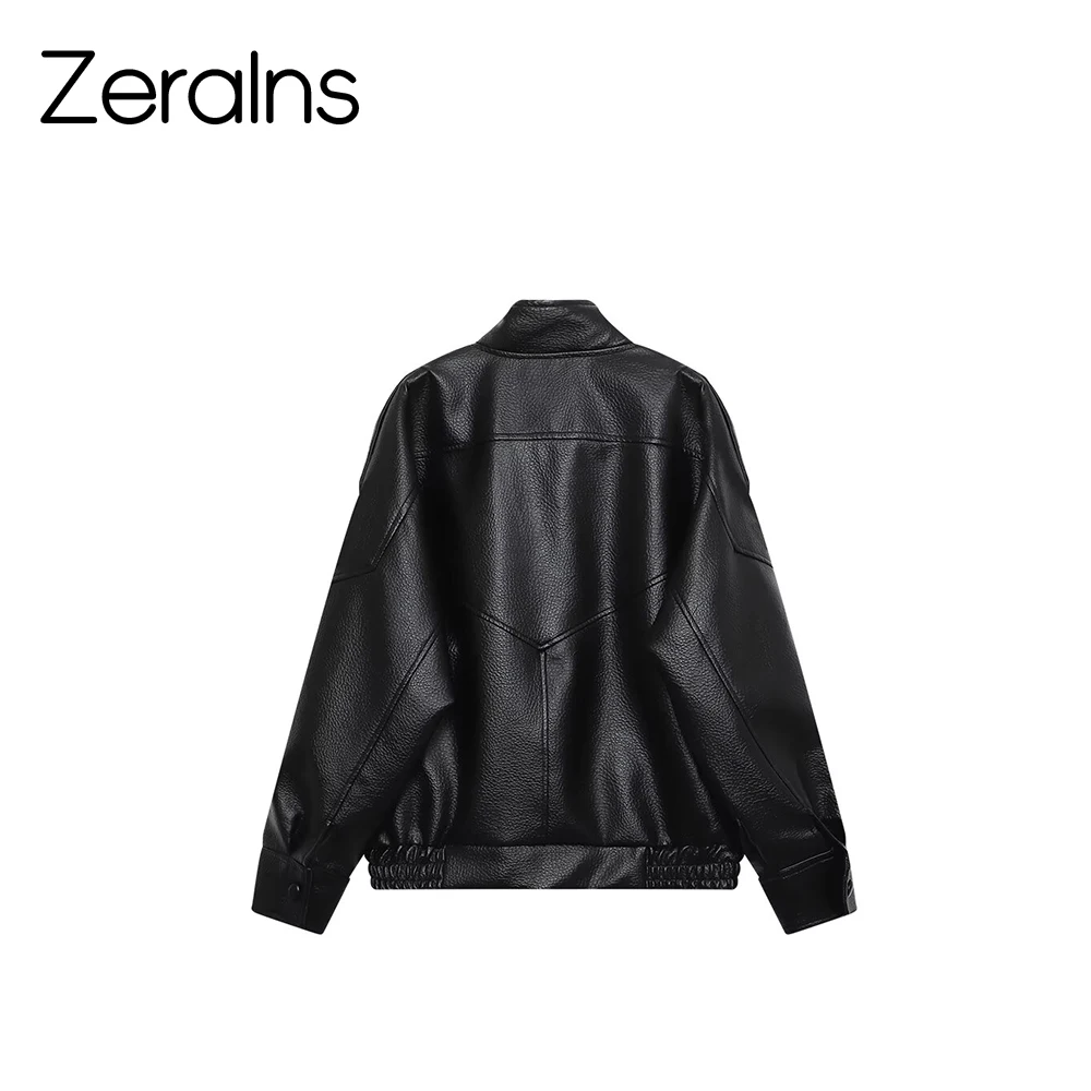 ZERAINS 2025 Autumn New Women's Long Sleeve Imitation Leather Long Sleeve Stand up Collar Jacket Coat Leather Jacket