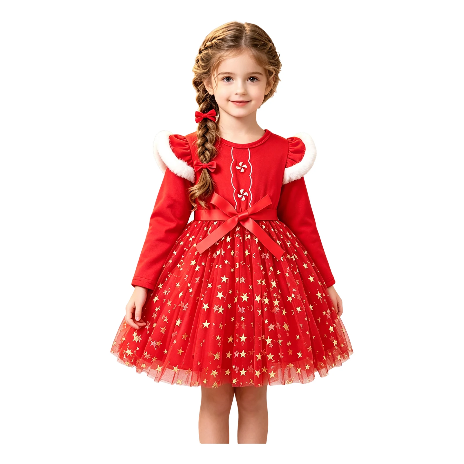 Toddler Girls Christmas Holiday Party Dress Velvet Long Sleeves Sequin Star Tulle Dresses with Bow Hairband Fall Winter Clothes