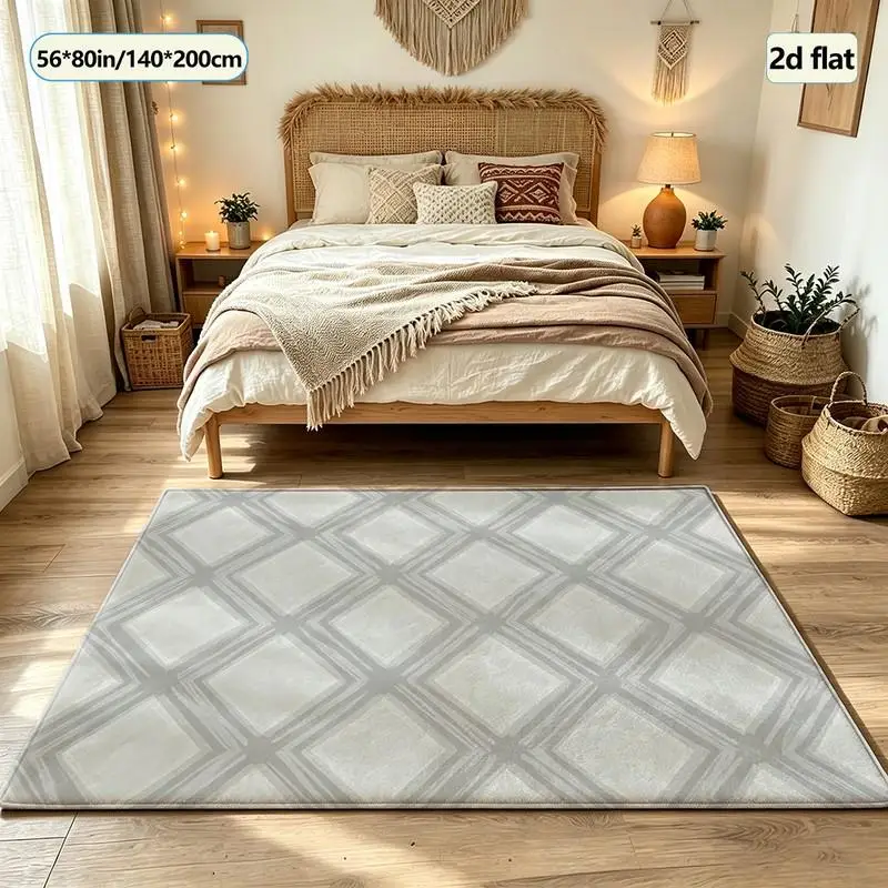 Light Grey Hand‑Drawn Rhombus Lattice Carpet Flooring Minimalist Square Area Rug Anti‑Slip Stylish Floor Rug for Bedroom Office Decor