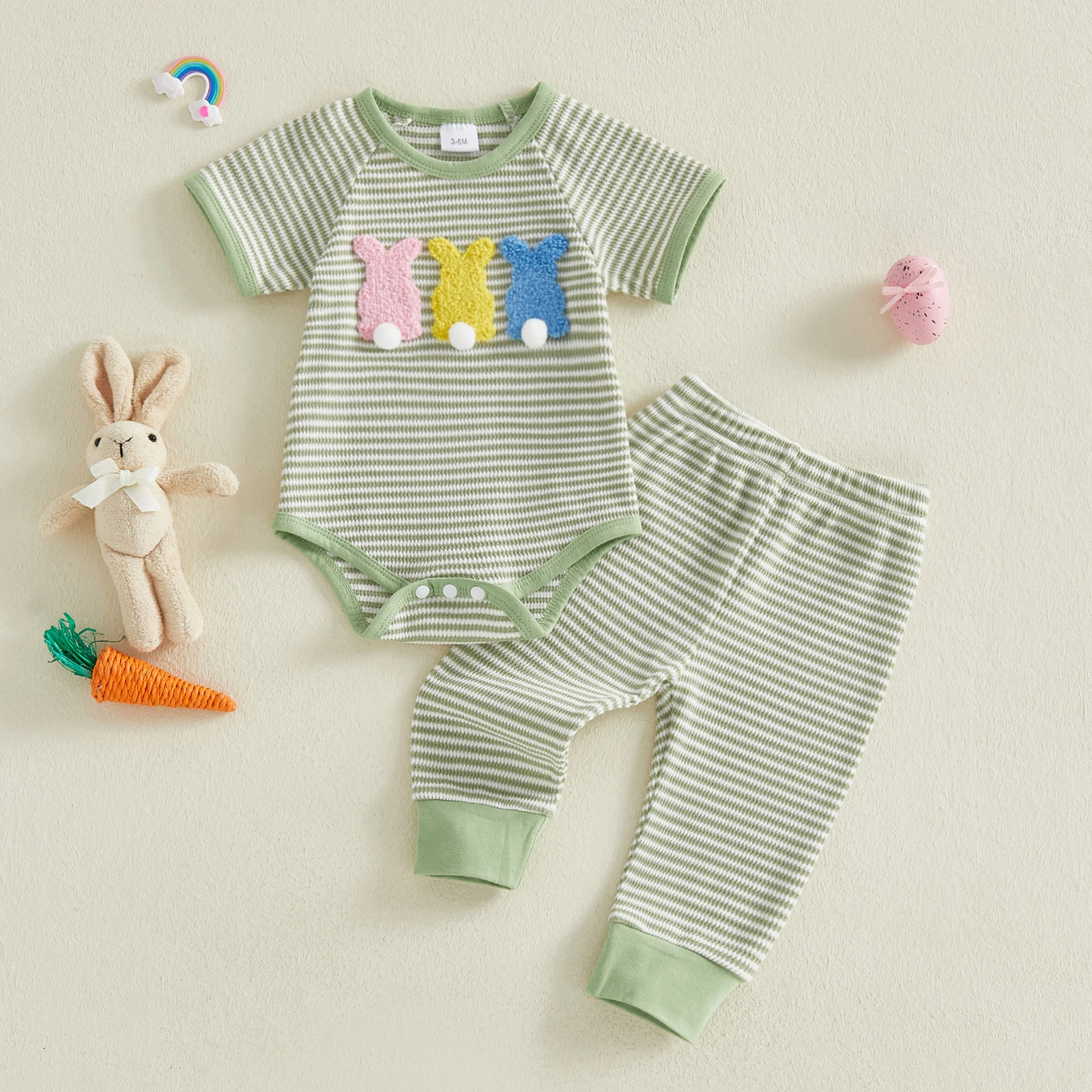 Baby Boys Girls Summer Outfit Short Sleeve Embroidery Carrot Rabbit Romper with Striped Pants 2-piece Outfit Easter Clothes view 2