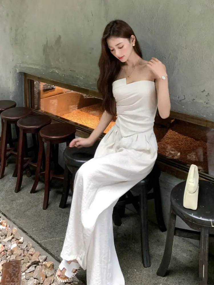 Set Celana Solid Desain Chic Korea Baru Atasan Bungkus Berlipat Tidak Beraturan Wanita + Setelan Celana Kaki Lebar Musim Panas Y2k Set 2 Potong Pinggang Tinggi