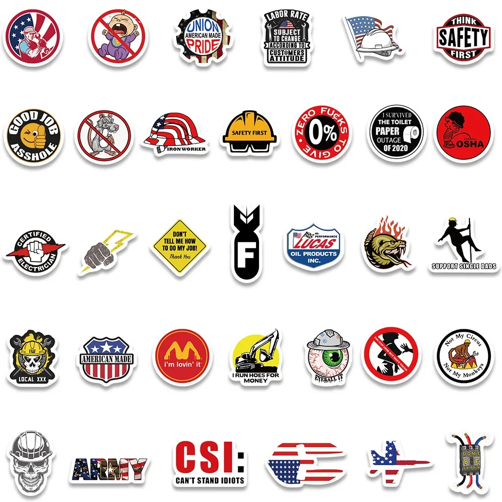 98PCS Funny Hard Hat Brand Sign Cool Stickers Construction Workers Helmet Motorcycle Car Bicycle Stickers Waterproof Decals Gift