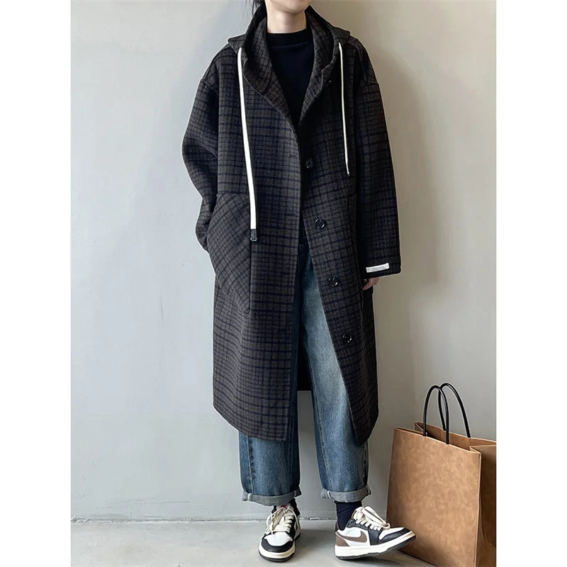 Checkered Wool Long Coat For Women's Winter New Loose Hooded Young Fashionable Woolen Coat C63