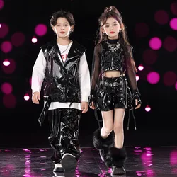 Kid Hip Hop Clothing Black Faux Leather Hoodie Crop Top Vest Casual Pants Lace up Shorts for Girl Boy Jazz Dance Costume Clothes