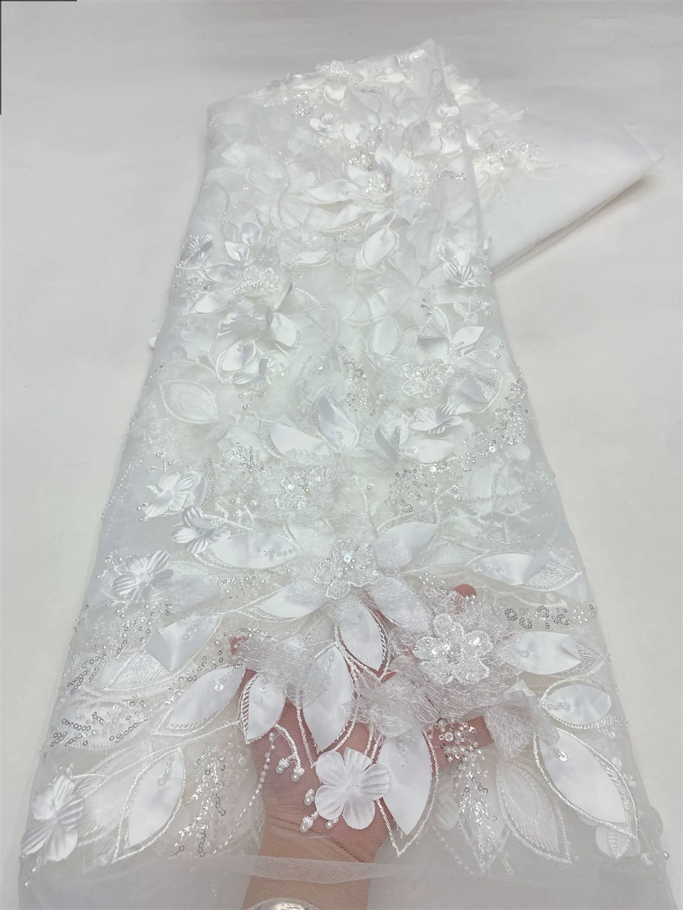 Fashion French Mesh 3D Flowers Embroidery Beaded Lace Fabric with Sequins African Nigerian Fabric for Wedding Dress HXZ6120