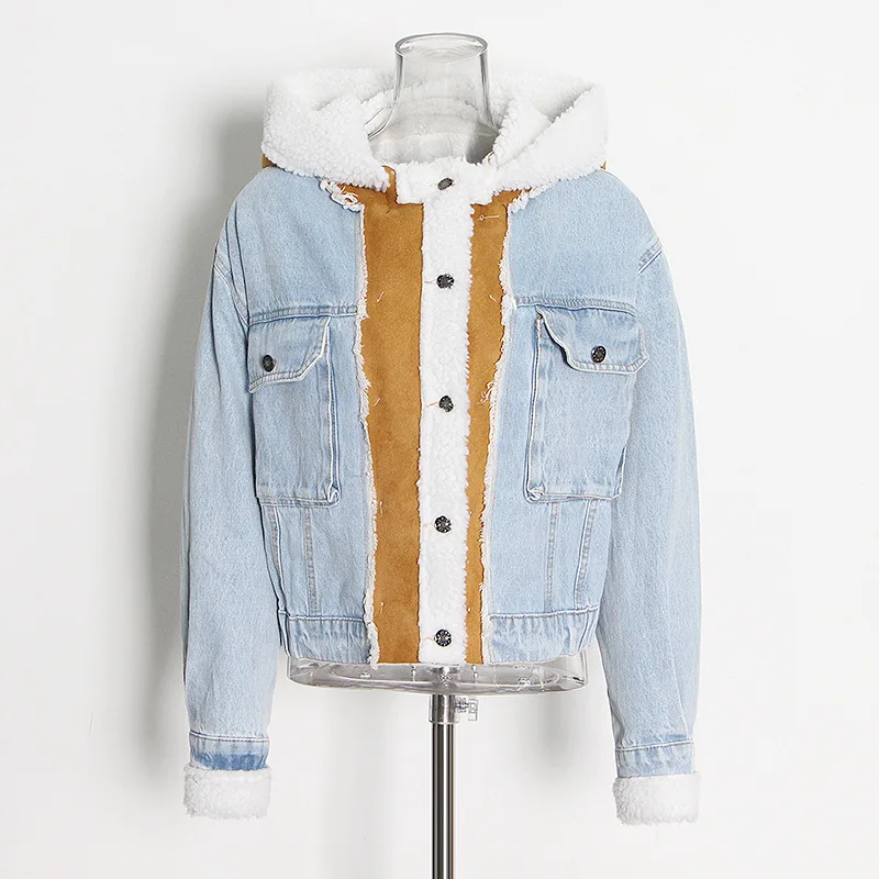 

Winter Denim Spliced Hooded Lamb Wool Jacket Female Double Pocket Thick Cotton Jacket Outwears Women Single Breasted Warm Jacket