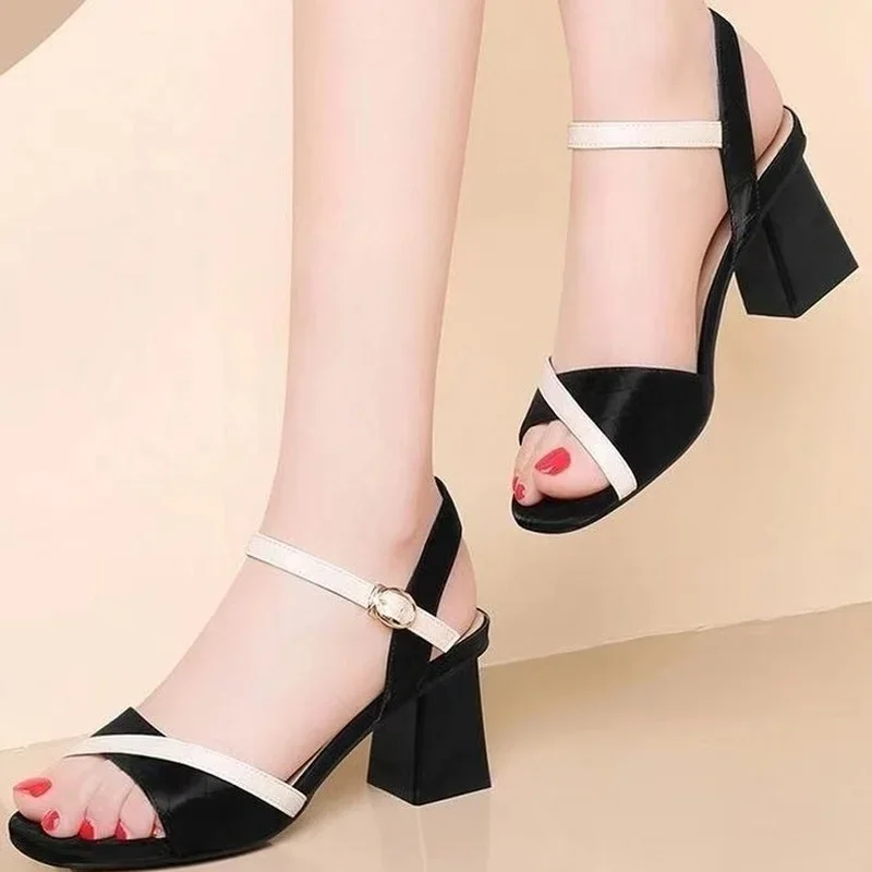 Block Heel Sandals For Woman Women\'s Shoes One Word Leather Summer 2024 With Medium Heels Footwear Comfortable Offer Sale F H