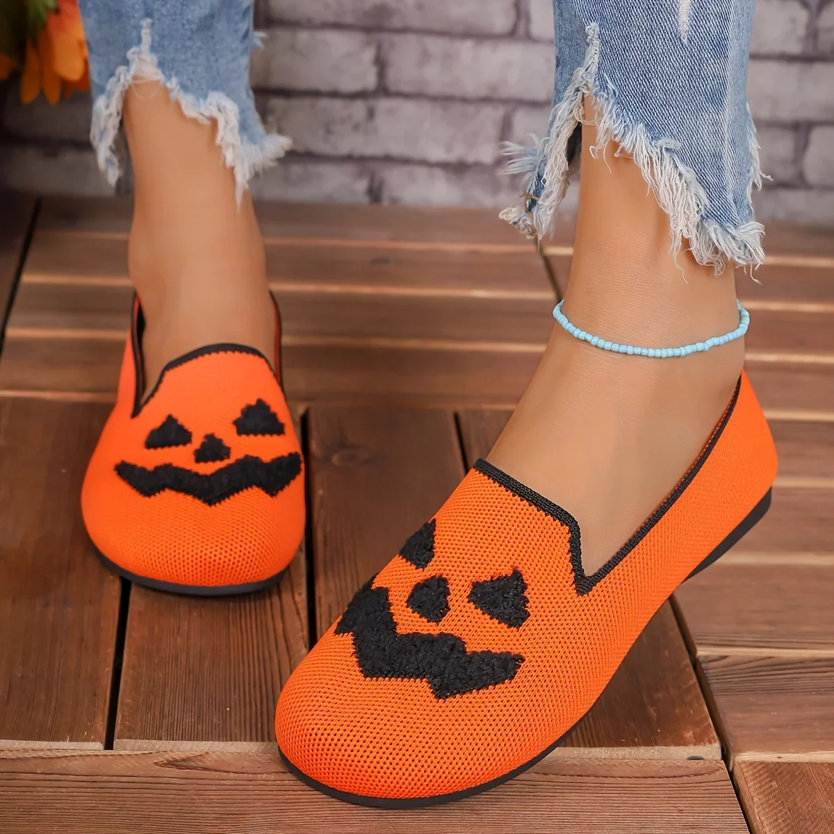 Ladies Halloween pumpkin print breathable flying woven overshoes Christmas element single shoes, Christmas spoof exclusive.